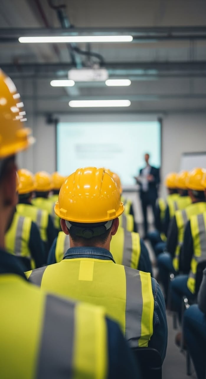 Workers in hard hats attending a safety briefing