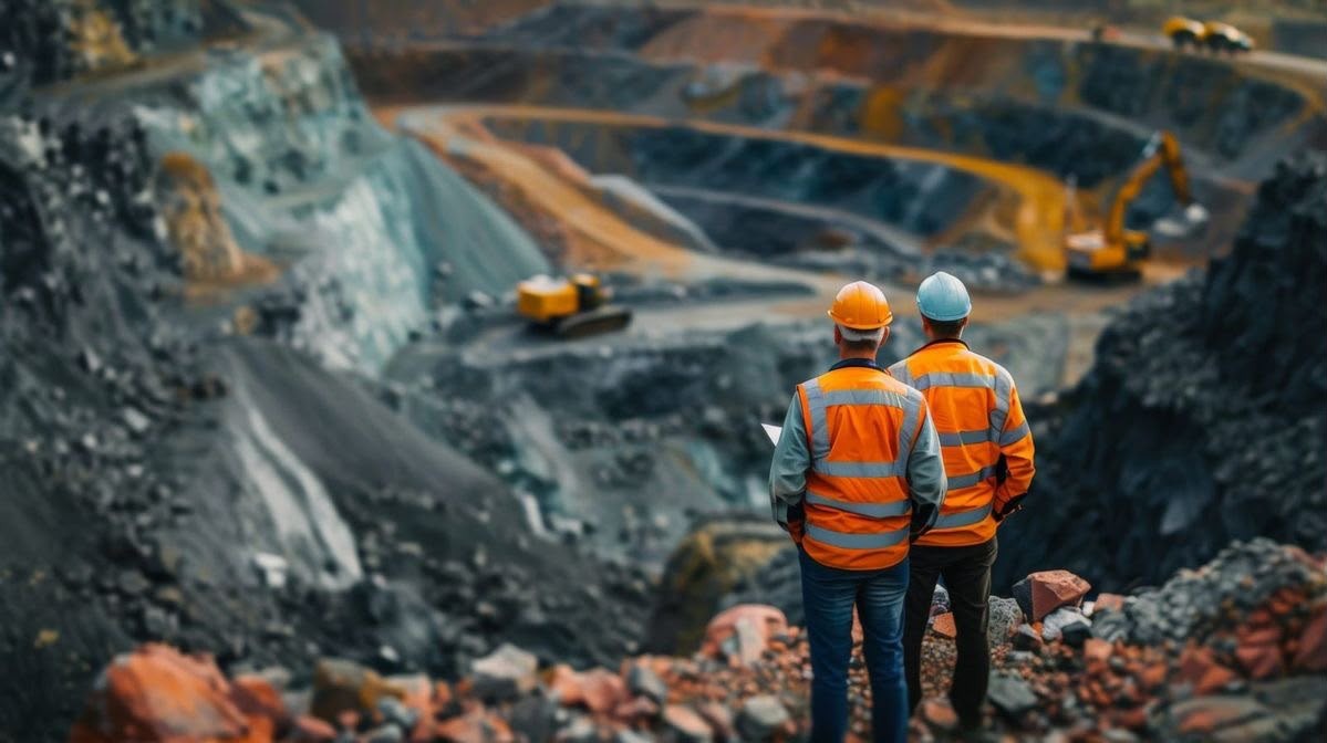 Two workers overlooking an open-pit mine